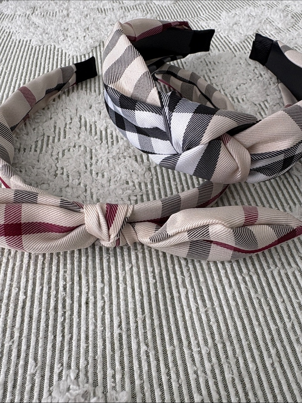 Plaid Knotted Headband - Beige with Black and Burgundy Accents